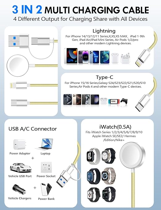 2Pack Multi Charging Cable Cord for Travel Essentials,Apple Watch Charger,iPhone Charger,[3-in-2] Type C/L Cable Portable Designed for iWatch,iPhone 17-8,Galaxy S25-21,AirPods,iPad-4FT Yellow