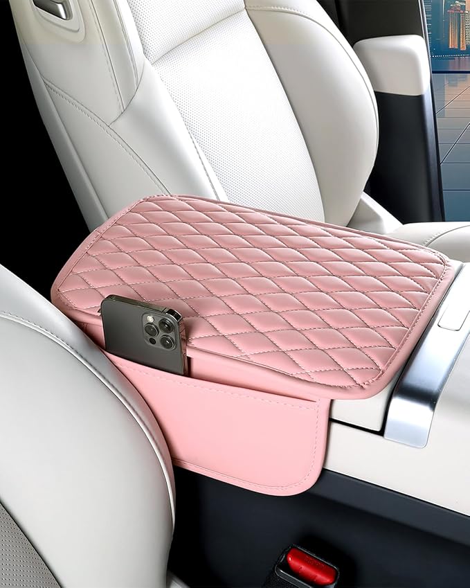 ESKONKE [Upgraded] Car Center Console Cover with 2 Storage Bags - Premium Nappa Leather Armrest Cover, Scratch & Wear Resistant, Waterproof Car Interior Accessories (Pink)