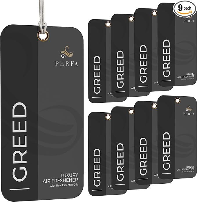 9PCS Greed Disposable Air Fresheners for Men | Long Lasting Car Air Freshener with Greed Fragrance | Lasts for 2 Weeks | Strong Car Perfume with Odour Eliminating Technology | by Perfa
