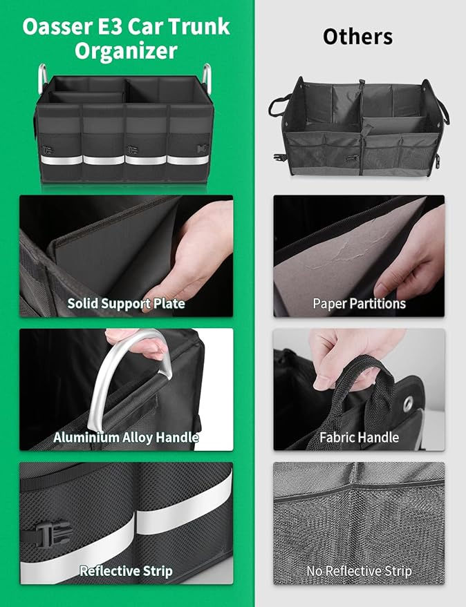 Oasser Trunk Organizer Cargo Organizer Trunk Storage Waterproof Collapsible Durable Multi Compartments with Foldable Hard Cover Aluminium Alloy Handle Reflective Strip (Large, Black)