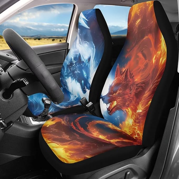 Fire and Ice Wolf Car Front Seat Covers Elastic Fabrics Universal Front Seat Cover Removable Automotive Accessories Easy Installation Suitable for Cars SUV