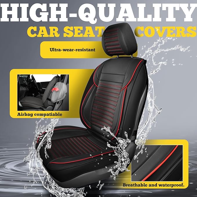 LINGVIDO Full Set Car Seat Covers, Faux Nappa Leather, Airbag Compatible and Waterproof Protectors for Sedans SUVs, Breathable Interior for Active Families, Pets, and Commuters (5 Seats, Black/Red)