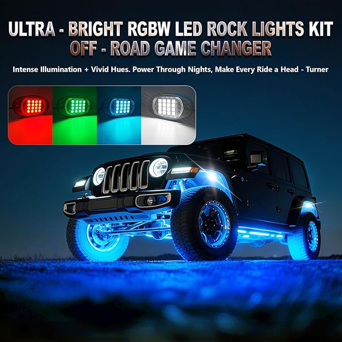 6 Pods RGBW LED Rock Lights Full Kit, 6500K Pure White (Not Mixed) & RGB Underglow for UTV Golf Cart ATV RZR SXS Trucks, App/RF Remote Smart Brake Music Sync, Waterproof Neon Underbody 12V