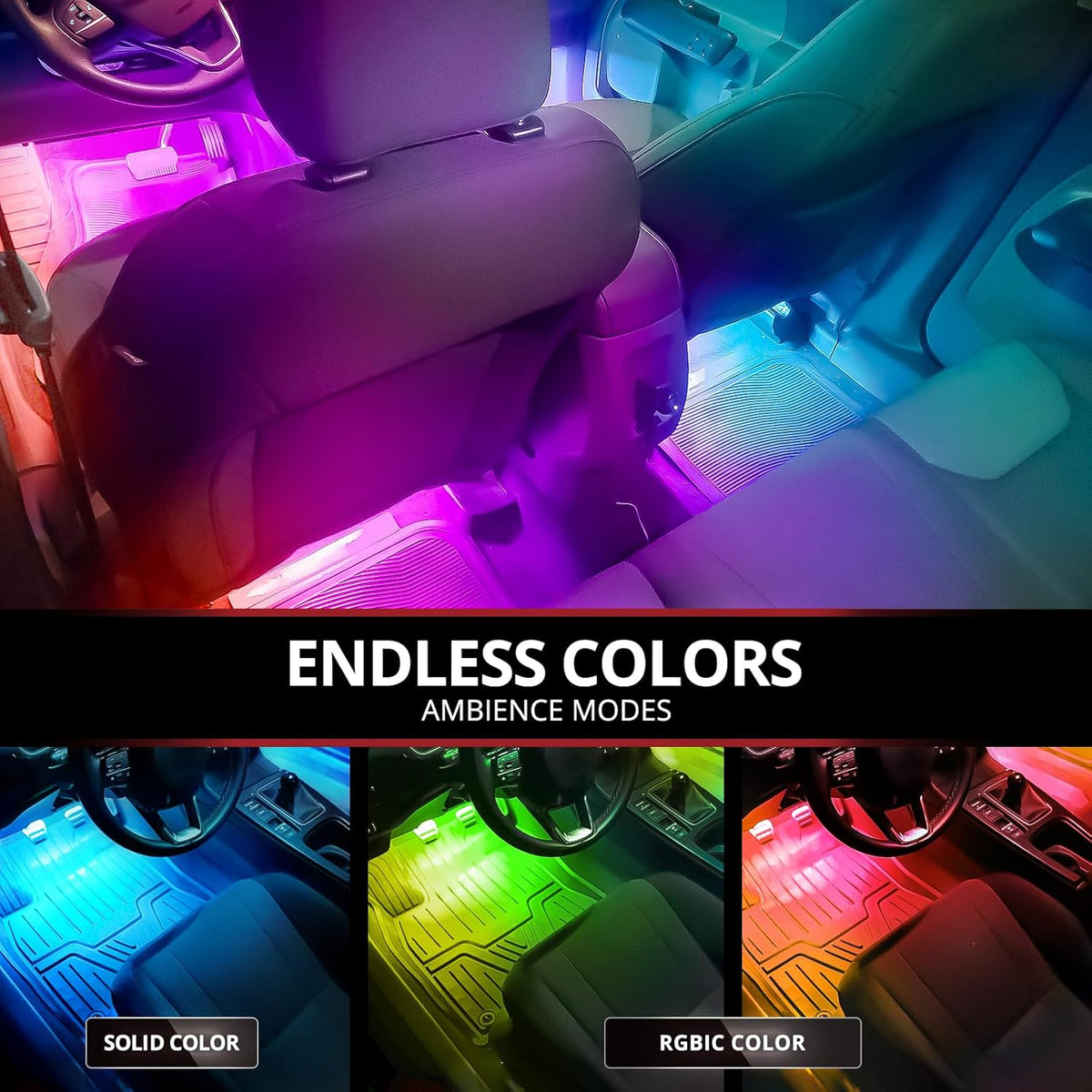 OPT7 Aura DreamColor RGB-IC LED Car Interior Light Strips, 4PC Interior Ambient Lighting Kit, Color Chasing Light Kit w/APP Control & Wireless Remote, Universal for Vehicles SUV Trucks Pickups Van