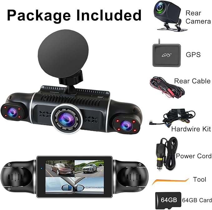 4 Channel Dash Cam Front and Rear Inside Back 360° FHD 2K Dash Camera for Cars, WiFi, GPS, G-Sensor, WDR 24/7 Parking Mode, 170° Wide Angle, Loop Recording, Night Vision, APP, with 64GB Card