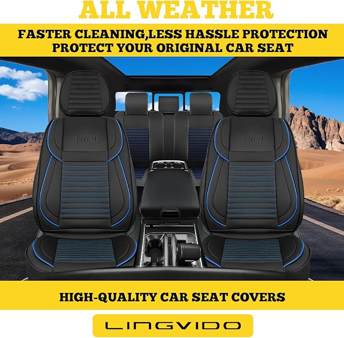 LINGVIDO Full Set Car Seat Covers, Faux Nappa Leather, Airbag Compatible and Waterproof Protectors for Sedans SUVs, Breathable Interior for Active Families, Pets, and Commuters (5 Seats, Black/Blue)