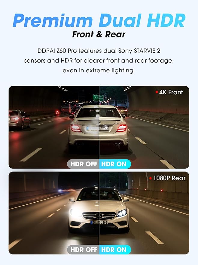 DDPAI 4K Dual Dash Cam Front and Rear, Dual STARVIS 2 IMX678 IMX662 Dashcam, Free 128G Card Included,Car Camera with 32G eMMC, 3K/60FPS, 5G WiFi GPS, 3" IPS, Night Vision, 24H Parking Mode, Z60 Pro