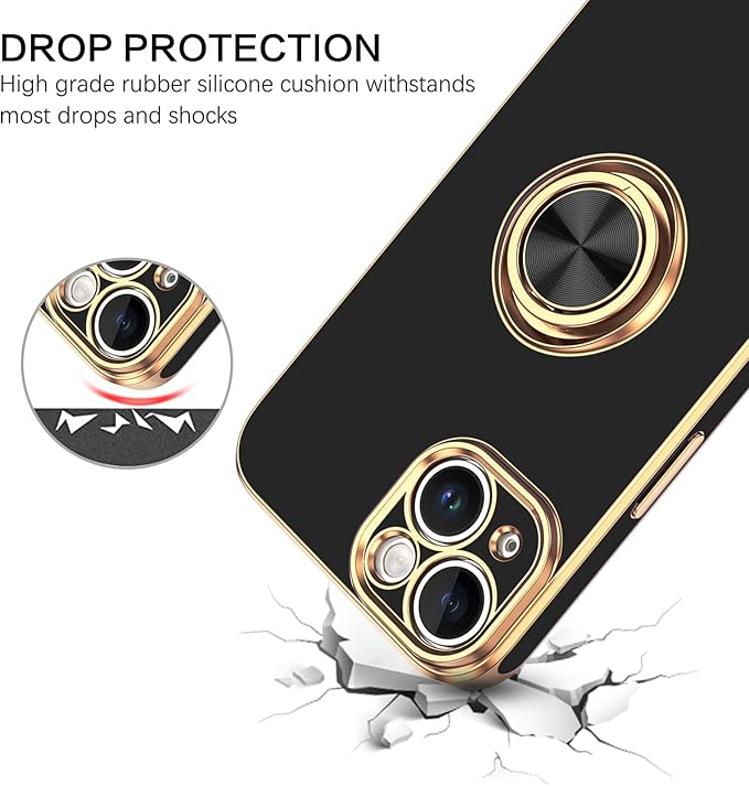VENINGO iPhone 14 Case,Phone Case for iPhone 14,Slim Fit Soft 360° Ring Holder Kickstand Magnetic Car Mount Supported Easy Clean Shockproof Protective Cover for iPhone 14 6.1" 2022, Black/Golden