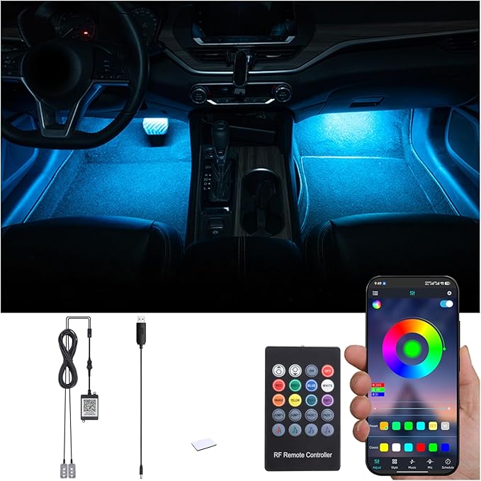 RGB Car Footwell Ambient Lighting Kit USB 16.7 Millions Colors Sound Active Music Sync APP Control + RF Remote Controller Car Interior Multicolored Footwell Atmosphere Light