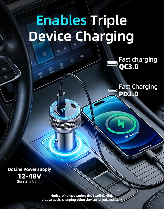 Starlink Mini Cable, 4-in-1 Starlink Mini Car Charger DC Power Cable + 12V-48V Cigarette Lighter Adapter with Digital Display, USB-C PD 45W and Dual USB-A 35W Ports for Cars, Suitable for Car (16.4FT)