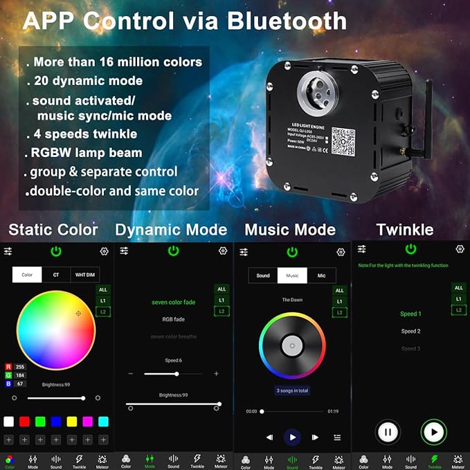 AZIMOM High Brightness 50W Twinkle Fiber Optic Starlight Kits 1200pcs*0.03in*16.4ft End Glow Fiber Strands Sound Activated Bluetooth/APP Remote Control Home Shop Lobby Theater Ceiling Roof Decor