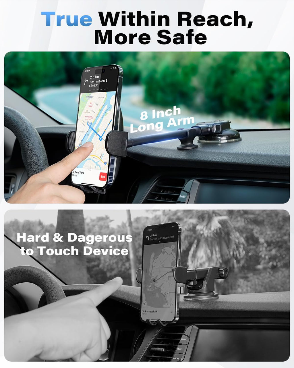 1Zero Solid Car Truck Phone Mount Holder with Thick Gooseneck Long Arm, Windshield Window Mobile Holders w/Industrial-Strength Suction Cup, Anti-Shake Stabilizer Compatible All Cell Phones, Black