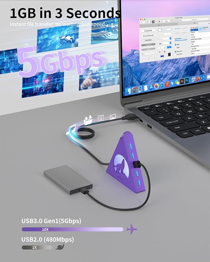 Deep Purple 7-Port USB 3.0 Hub, RGB Vertical Gaming USB Hub Tower with 5Gbps Data Transfer, 2FT Cable - USB Hub Splitter for PC, MacBook, Laptop, PS5, Flash Drives