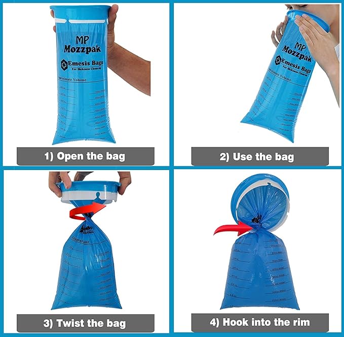 MP MOZZPAK Vomit Bags Disposable 35 Pack - 1000ml Emesis Bags, Leak-Proof Barf Bag, Travel Friendly Puke & Nausea Bag for Motion Sickness, Medical Grade Throw up Relief for Car