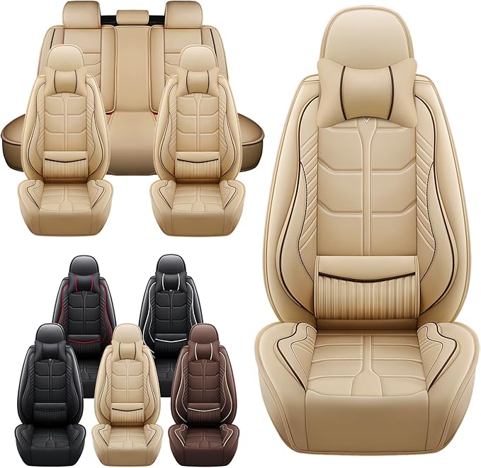 Leather Car Seat Covers Fit for Toyota Prius 2004-2024, 5 Seater Car Seat Cover, Premium Waterproof, Scratch Resistant Car Interior Accessories (Full Set with Pillow Beige)