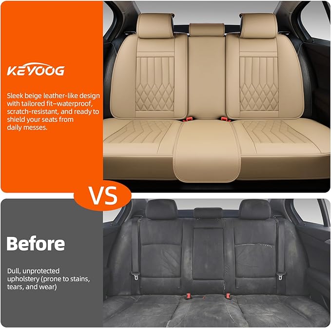 KEYOOG Universal 5-Seater Waterproof Breathable Nappa Leather Car Seat Covers Full Set, Fit for Front Rear Seats, Compatible with Hy-undai Sonata, To-yota Camry, Fo-rd F-150, Fit Most Sedans SUV Beige