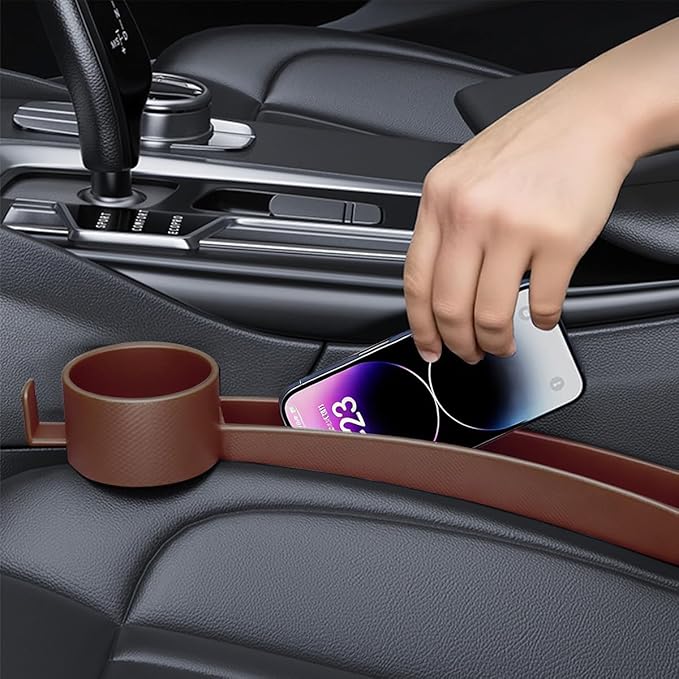 2PCS Car Seat Gap Filler, Soft Carbon Fiber Vehicle Between Seat and Console Organizer with Cup Holder, Prevent Falling Automotive Interior Chair Gap Plug, Universal Fit (Brown)
