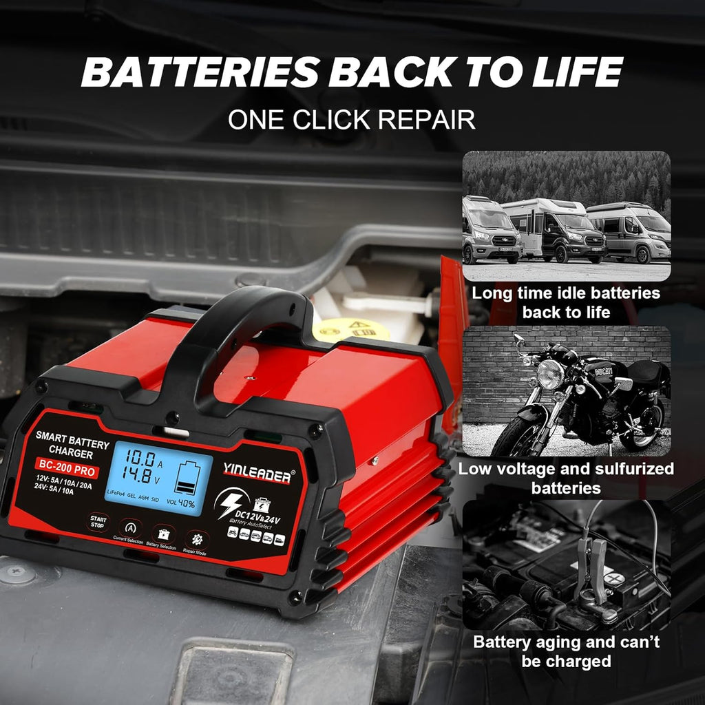 Battery Charger 20A, 12V/24V Lead Acid Smart Battery Charger, 12V LiFePO4 Car Battery Trickle Charger, Automatic Battery Maintainer for Car Motorcycle Lawn Mower Marine Boat Lead Acid Batteries