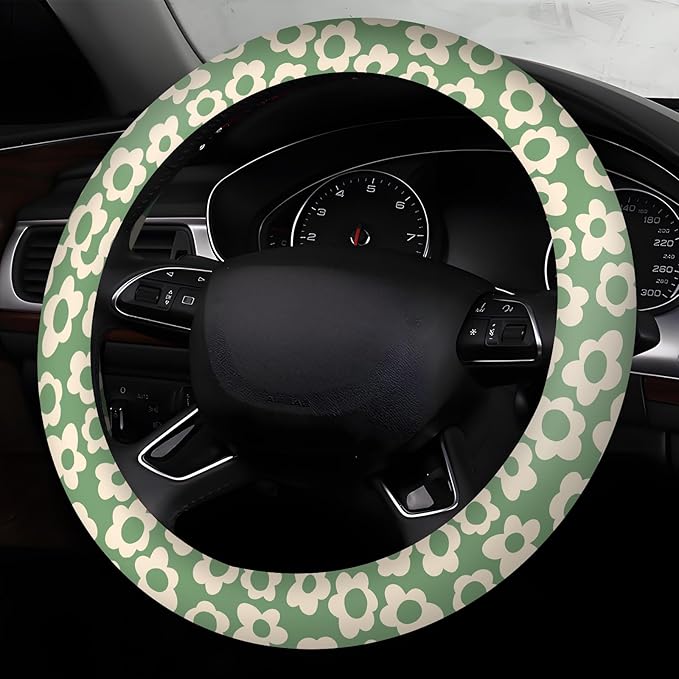 Car Steering Wheel Cover, Universal 15 Inch Neoprene Non-Slip Steering Wheel Covers, Funny Car Accessories for Women Men Fit Auto, Suvs, Truck Vintage Green Flowers