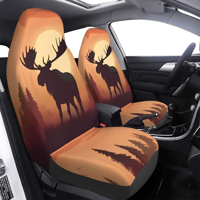 Delerain Car Seat Covers Set 2Pcs, Fall Sunset Wild Moose Universal Front Car Seats Vehicle Enterior Protector Suitable Fits Most Car Auto SUV Sedan Truck