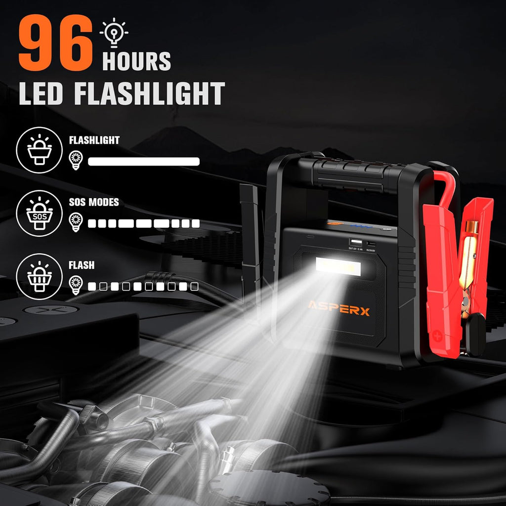 AsperX 6000A Car Jump Starter, Battery Jumper Starter Portable for 12V Vehicles (for All Gas or up to 12L Diesel) - Car Battery Charger with LED Flashlight and Jumper Cables