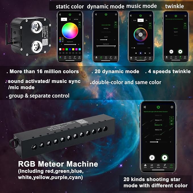 AZIMOM Updated Dual Color 50W Twinkle Fiber Optic Starlight Kits 1800pcs 0.03in 16.4ft Strands, RGB Meteor Shooting Star, Sound Activated APP/Remote Control Theater Ceiling Home Lobby Roof Decor