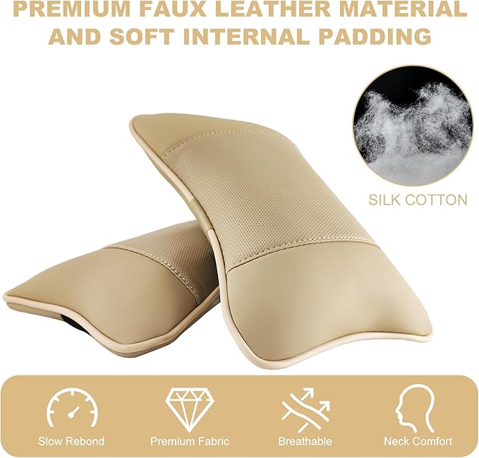 2 Pack Car Neck Pillow PU Leather Automotive Headrest Pillow for Car Support Neck Pain Relief Universal Car Pillow (Beige)