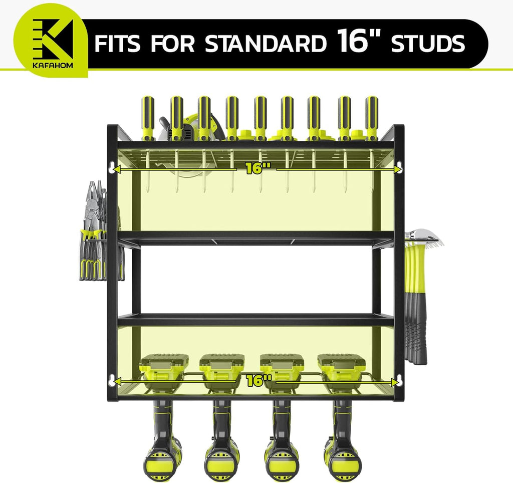 KAFAHOM Power Tool Organizer, Garage Tool Organizers and Storage,Drill Holder Wall Mount, Storage Rack for Cordless Drill, Heavy Duty Tool shelf with Screwdriver Holder/Pliers Holder/Hammer Holder