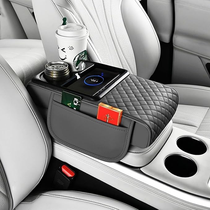 Car Armrest Pad with Built-in Induction Charging, Leather Center Console Cushion with 15W Power Pad, Dual Cup Holders, Storage Pockets - Grey