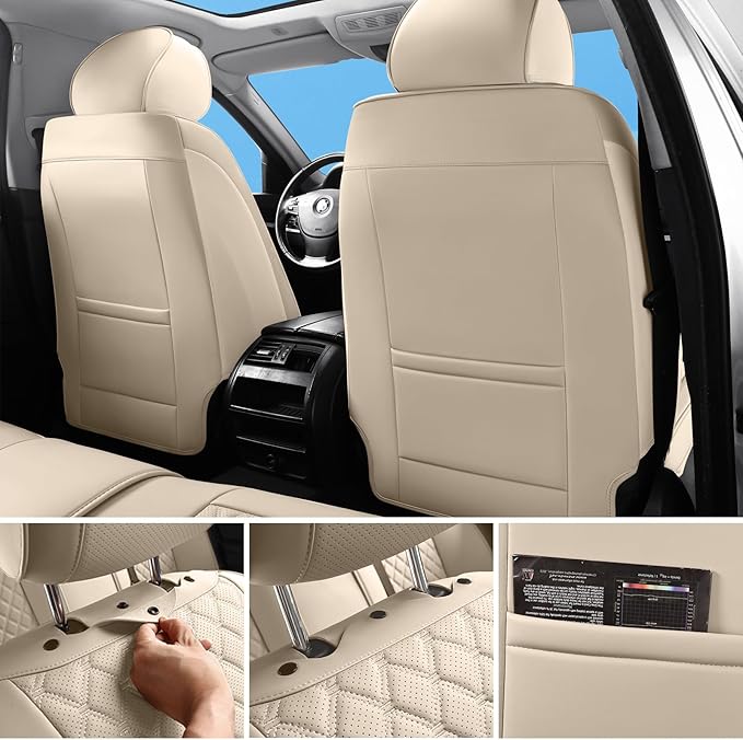 Car Seat Covers Front Seats, Luxury Faux Leather Car Seat Covers Waterproof Non-Slip Seat Protector Universal Fit for Most Cars SUVs Trucks Pick-ups, Beige Car Accessories Interior