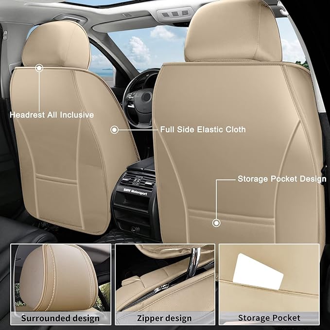 AOMSAZTO Car Seat Covers,2 Front Seats Custom Fit for Ford Mustang 2007-2022 Faux Leather Automotive Cushion Covers Seat Protector,Airbag Compatible Waterproof Beige