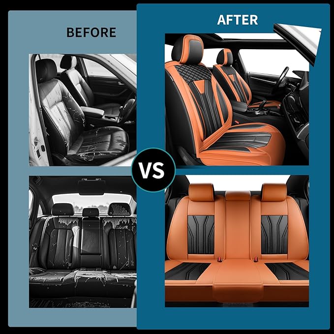 Fit Leaf Car Seat Covers Compatible with Nissan Leaf 2012-2025 2026 - Full Set Premium Leather， Waterproof Breathable， All-Weather Seat Cushion Protecto&Airbag Compatible （Orange&Black