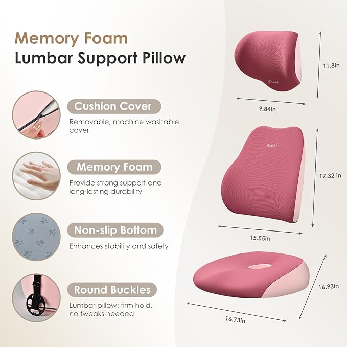 FLORICH Car Seat Cushion & Lumbar Support Pillow & Car Neck Pillow, Ergonomic Memory Foam Driving Seat Cushions for Back & Sciatica Pain Relief, Non-Slip Cushion for Car, Office Chair,Wheelchair-Pink