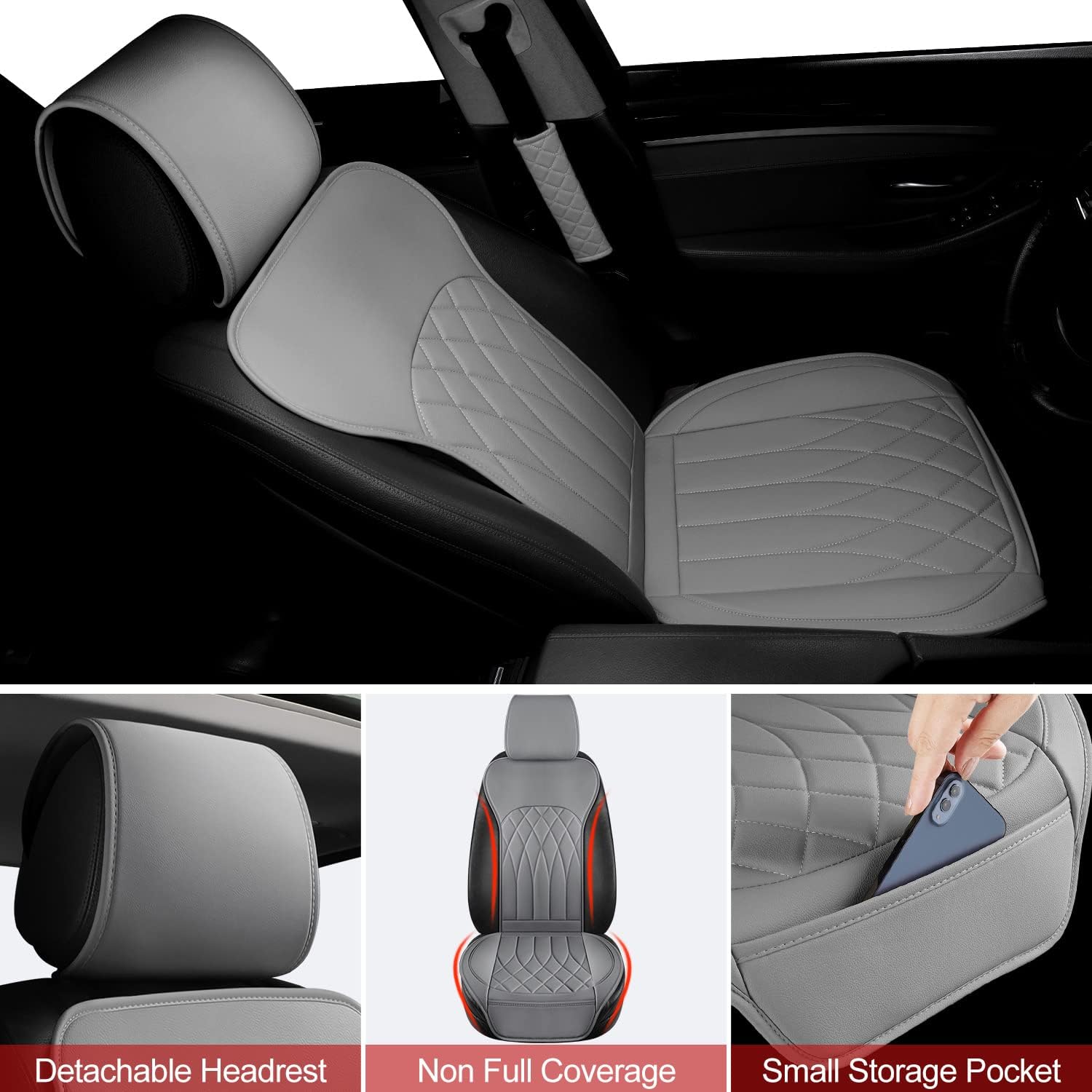 1 Pack Leather Front Car Seat Cover, Universal Sideless Car Seat Protector with Storage Pocket and Seat Belt Pad, Waterproof Automotive Seat Cover Cars Trucks SUV(Grey)