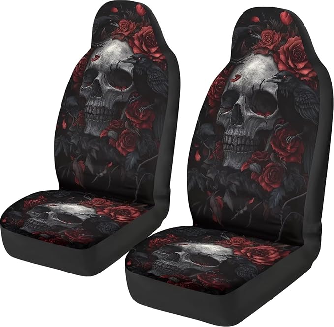 ELEQIN Gothic Raven Skull Car Seat Covers Two Front Only for Car, Automotive Interior Covers, Quick Setup Universal Fit Seat Covers for Car, Truck, SUV