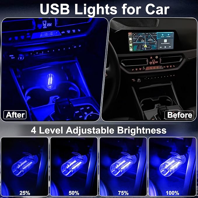 2 PCS Car USB Lights, Plug-in Retro Car Atmosphere Lamp with Touch Dimmable, Portable Mini Glass Bottle LED Bulb Night Lights for Vehicle Bedroom Hallway Camping Holiday Decoration (Blue)