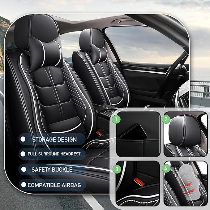 Leather Car Seat Covers Fit for Toyota Echo 2000-2005, 5 Seater Car Seat Cover, Premium Waterproof, Scratch Resistant Car Interior Accessories (Full Set with Pillow Black White)