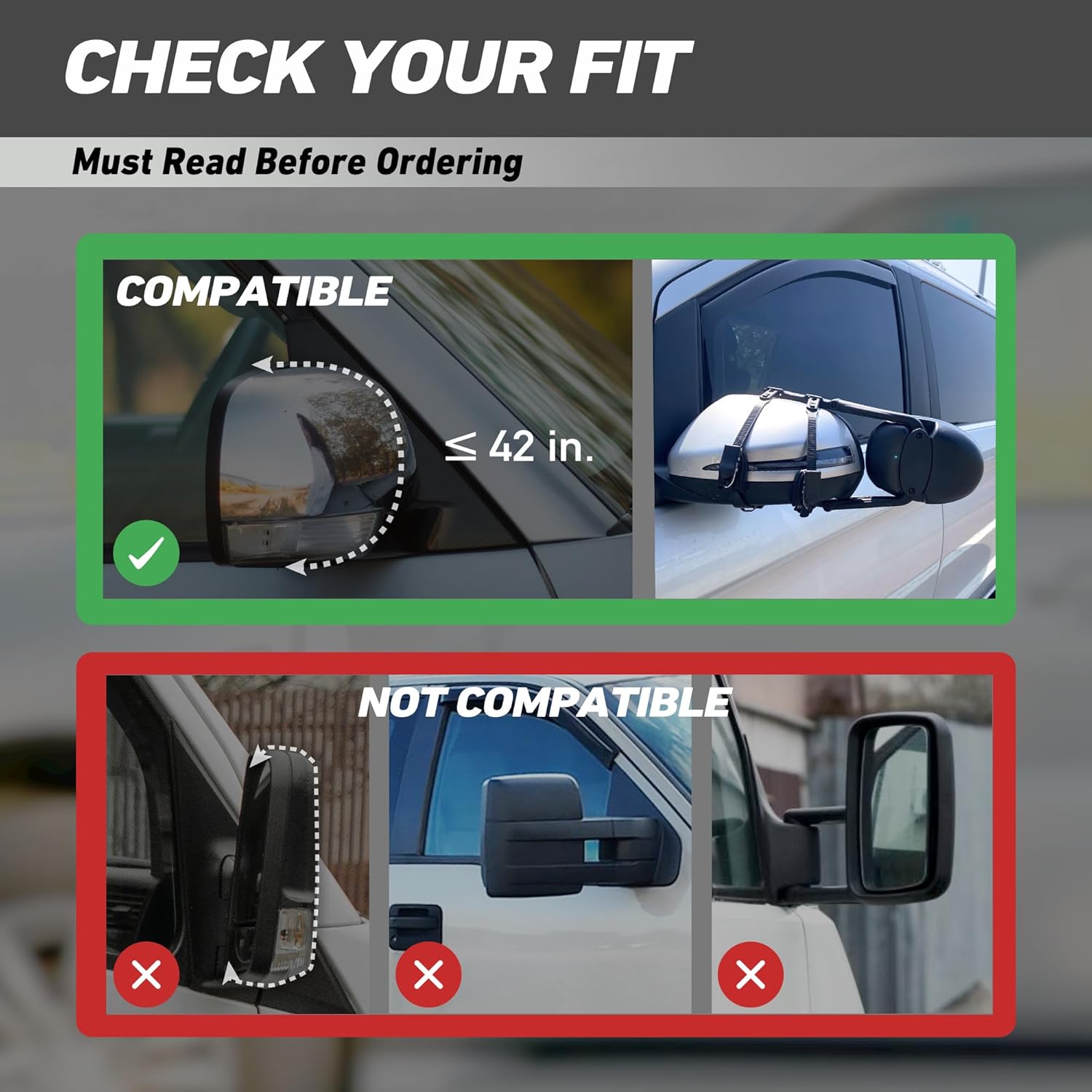 Extended Towing Mirrors, Universal Clip-On Side Mirror Extensions for Pickups, RVs, and Trailers, Tow Mirrors with Extenders (Model MG94)
