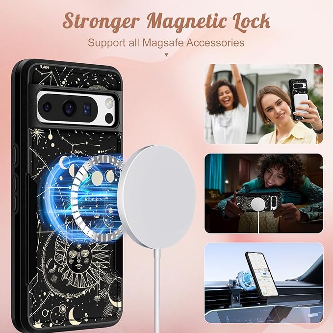 for Google Pixel 8 Pro Case - Compatible with MagSafe Women Girls Cute Magnetic Protective Cover Girly Aesthetic Sun Moon Heavy Duty Shockproof Design for Google Pixel 8 Pro Phone Cases