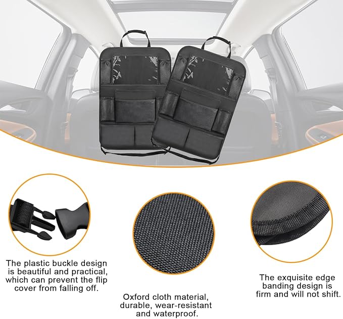 2PCS Car Seat Back Organizer, Waterproof Vehicle Storage Bag with Touch Screen Tablet Holder & 9 Pockets, Auto Kick Mats Back Seat Protector for Kids, Universal Travel Accessories (Black/Large)