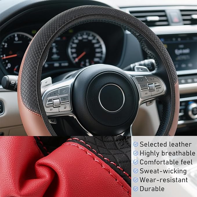 Car Steering Wheel Cover, Elastic Stretch Leather Non-Slip Vehicle Steering Wheel Guard, Automotive Interior Protective Decor Accessories, Universal for SUV RV Truck (Black/Coffee)