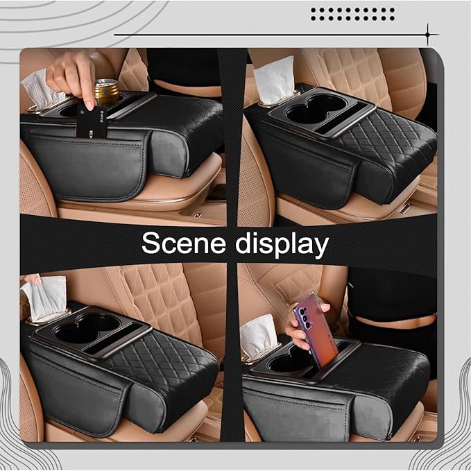Car Center Console Organizer Armrest Storage Box with 2 Cup Holders-Universal 5-in-1 Leather Cushion Cover,Phone Slot & Tissue Holder for SUV/Sedan(Black)