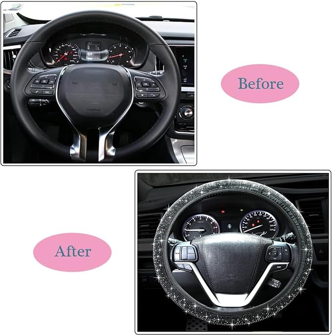 Bling Steering Wheel Cover, Crystal Rhinestone Diamond Steering Cover Universal Fit 15 inch Car Steering Wheel Protector for Women & Girl (Black)
