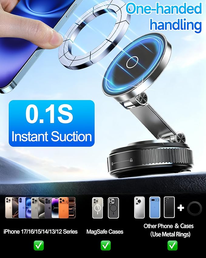 Vacuum Magnetic Car Phone Holder 360° Strongest 120LBS Ultra Suction Cup Phone Mount for MagSafe Dashboard Cell Phone Holders for Your Car/Gym/Mirror Bracket for iPhone 17 & Android, Metal Stand Rotor