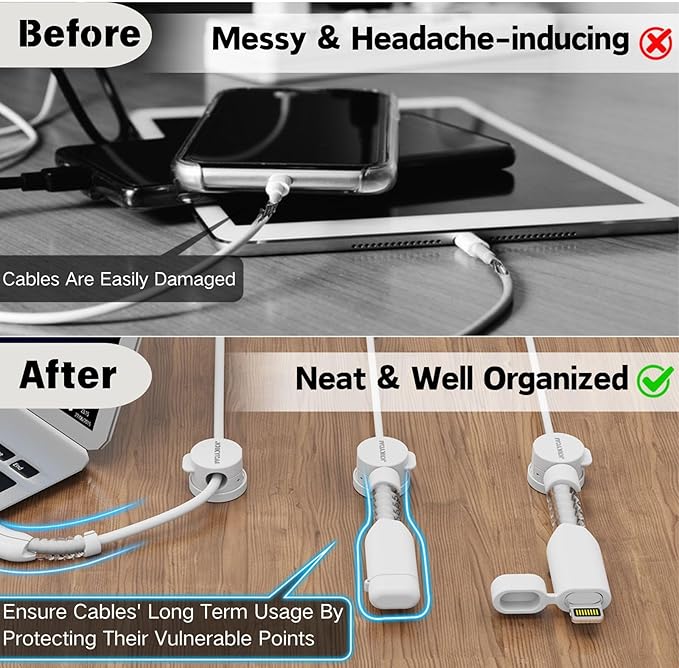 6 Rotatable Cord Holder Desktop Cord Organizer Magnetic Spring Cable Clips 2 Charging Cord Protecors for Nightstand Phone Charger Organizer Computer Desk Cable Management Appliance Adhesive Wire Strap
