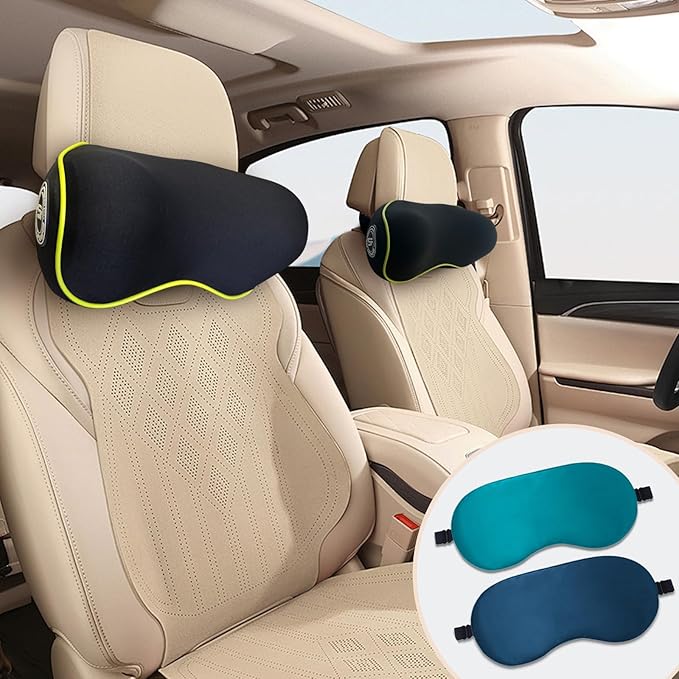 SPRFUFLY Really Chic Car Headrest Pillow, Car Pillow for Driving with Adjustable Strap, 100% Memory Foam Neck Pillow, Ergonomic Design - 2 Pack Car Neck Pillow(Includes 2 Eye Masks, Yellow Side Rope)