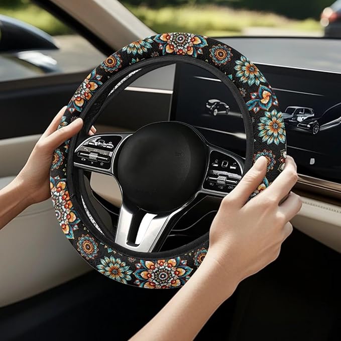 AFPANQZ Bohemia Flower Steering Wheel Covers 14-15" inch Universal Fit Most Car Sedans SUVs Comfort Grip Comfortable Handmade Breathable Steering Wheel Protector