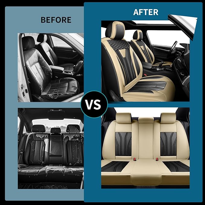 Fit Kicks Car Seat Covers， Compatible with Nissan Kicks 2018-2026 -Premium Leather, Waterproof Breathable All-Weather Seat Cushion Protector Airbag Compatible（2 Seats Front Pair，Beige & Black