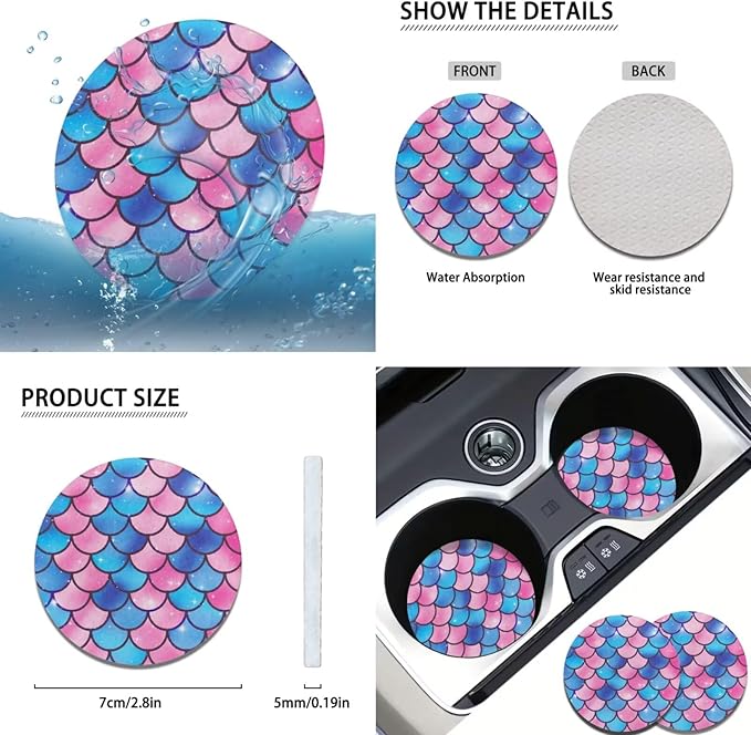 Pink Fish Scale Print Elastic Car Steering Wheel Protector for Men Women 6 Pcs Cup Coaster Handbrake Cover Fit Auto,Suvs,Truck