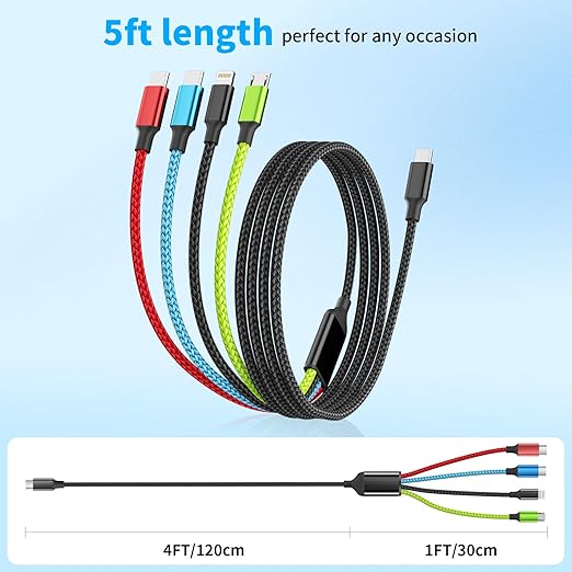 USB C Multi Charging Cable [1Pack 5FT], Dual Type-C Nylon 4 in 1 Charging Cable, Multi Chargers for All Devices with IP/Type C/Micro Port, Compatible with Most Cell Phones/Tablets and More